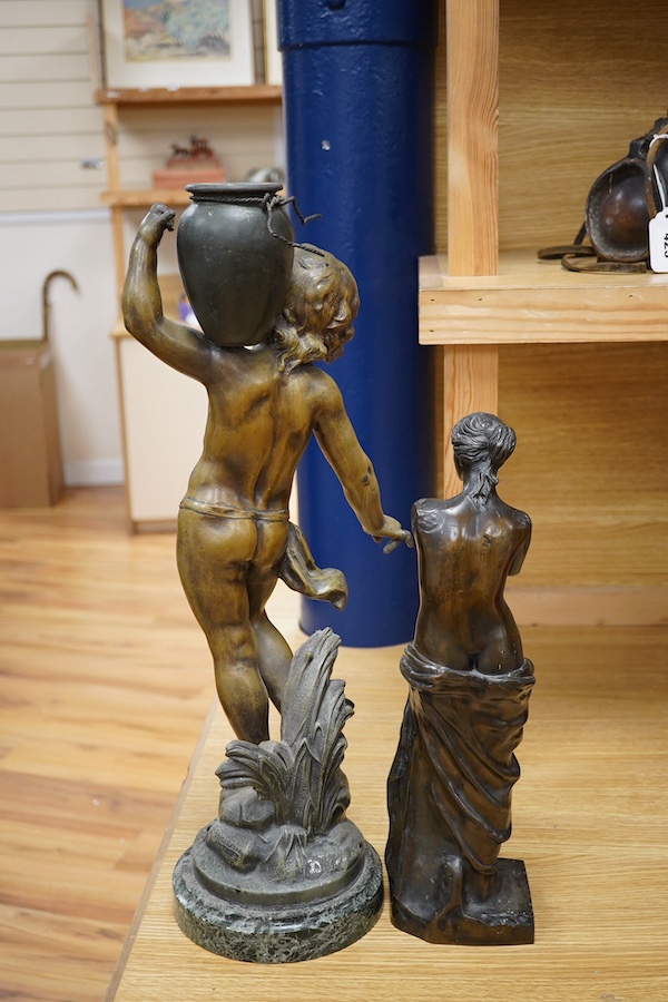 After Auguste Moreau, a 19th century French bronzed spelter figure of an amorini carrying a water pitcher, ‘’Le Ruisseau’’, and another of Venus de Milo (2). Condition - fair to good